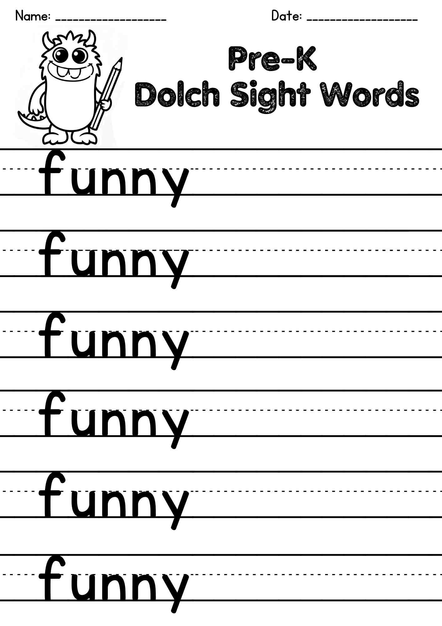 "funny" Dolch Sight Word Writing Page – Free PDF Download
